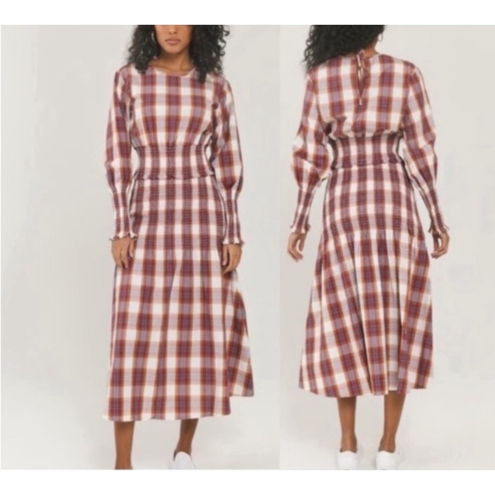 Something Navy Dress MIDI Blanche Smock Small Red Plaid Long Sleeve Cottagecore